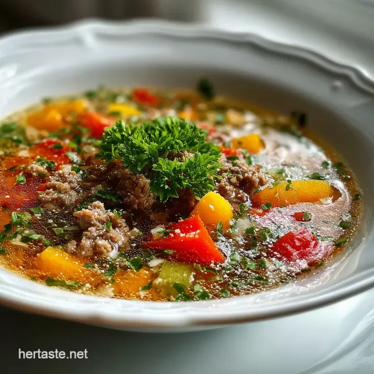 Bright red bell pepper halves filled with ground beef and rice, nestled in a bowl of rich, savory tomato broth.
