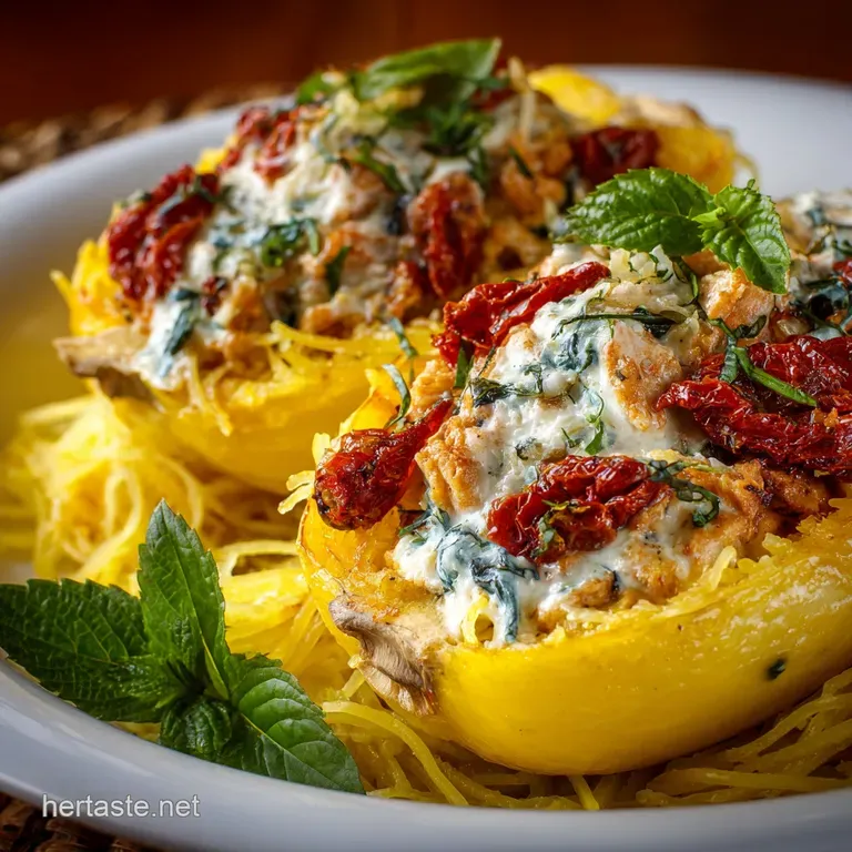 Sun Dried Tomato and Basil Stuffed Spaghetti Squas: the Easiest Low-Carb Dinner presentation