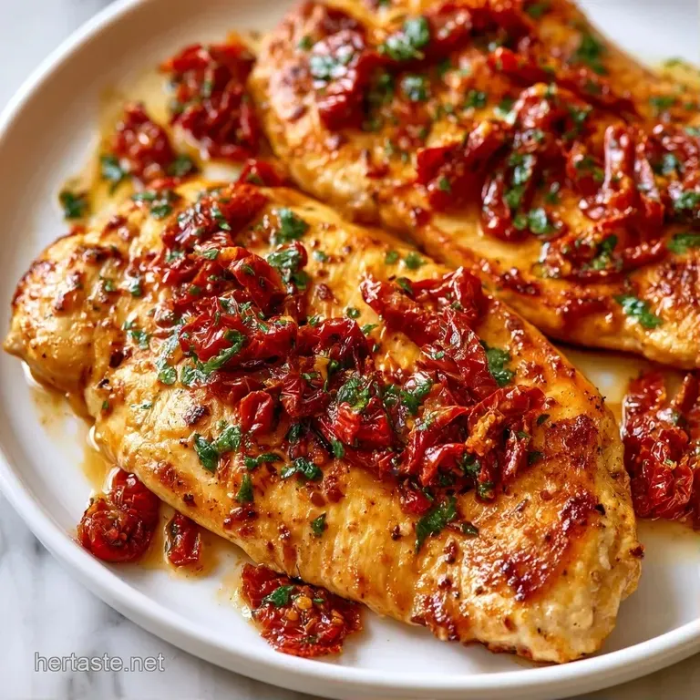 Golden chicken breast slices in a velvety sauce, accented by deep red sun-dried tomatoes on a white dinner plate.