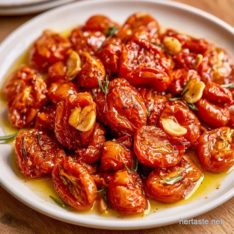 Small white ceramic bowl of amber-hued oil with floating toasted garlic slivers and bright red tomato pieces.