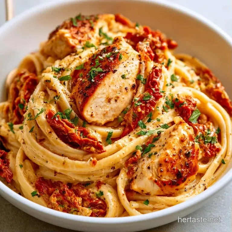 Elegant white bowl of creamy pasta topped with a sprig of fresh green basil and slivers of deep red tomatoes.