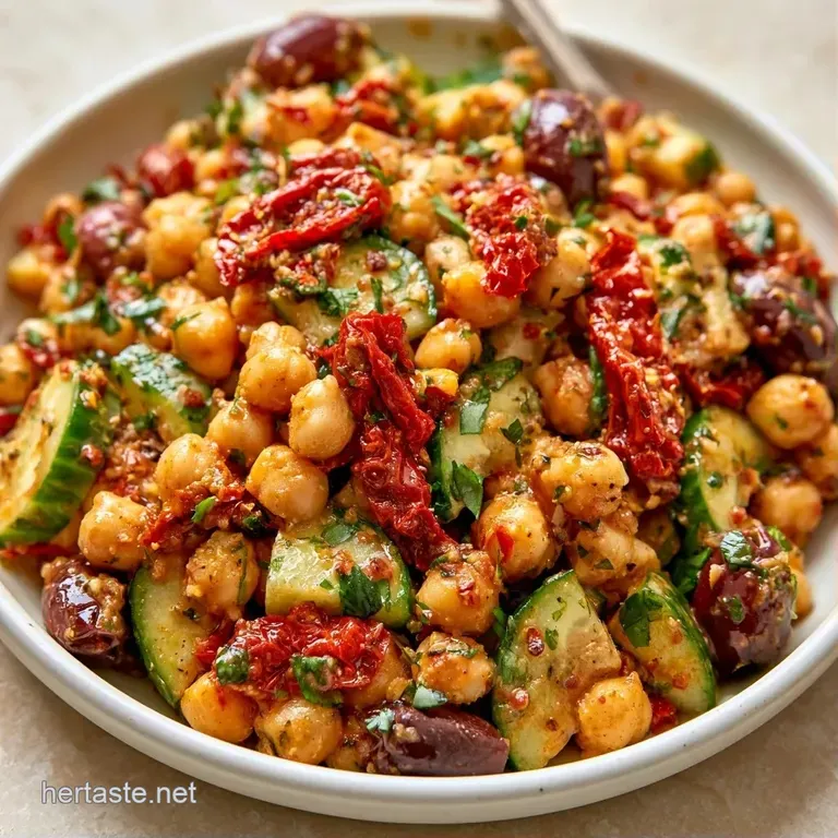 Vibrant red sun-dried tomatoes and creamy white feta chunks tossed with chickpeas on a modern ceramic plate.