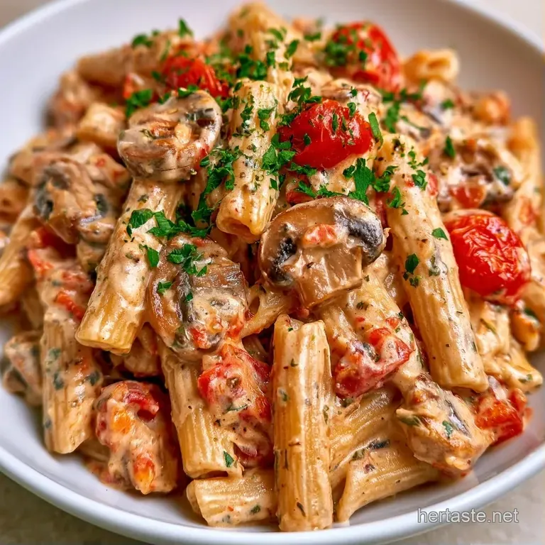 Twirled pasta nest topped with sautéed mushrooms, red sun-dried tomatoes, and a sprinkle of fresh green parsley.