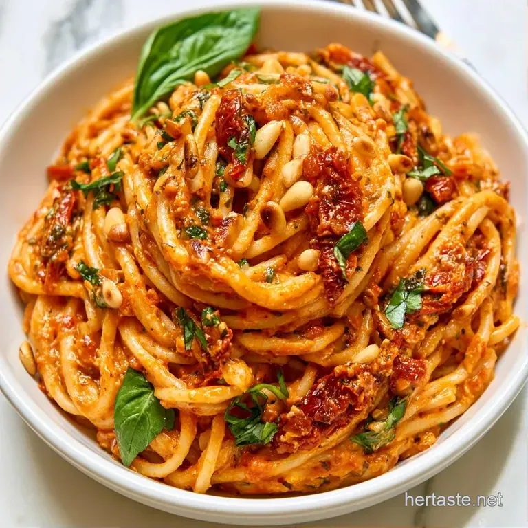 Swirls of vibrant red pasta in a white ceramic bowl, garnished with shaved parmesan and a sprig of fresh basil.