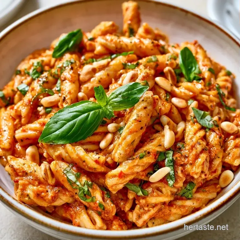 A wide white bowl featuring spiral pasta coated in red pesto with scattered white cheese and fresh basil leaves.