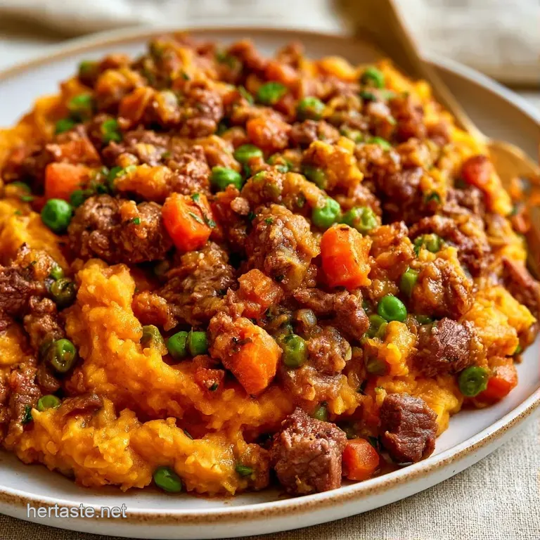 Creamy orange mash topped with browned beef on a white plate, garnished with a sprig of vibrant green parsley.
