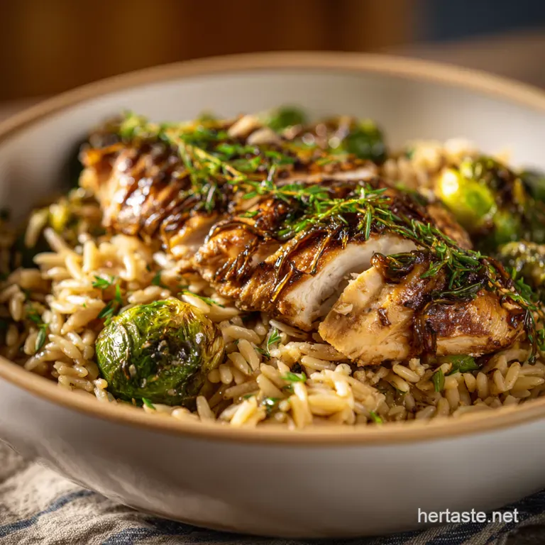 Sweet & Savory Brussels: Balsamic Roasted with Pecans & Creamy Garlic Parmesan Orzo presentation