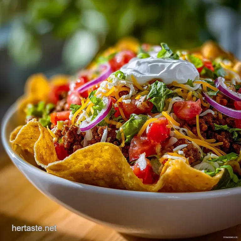 Crispy, baked taco salad shell overflowing with seasoned beef, cheddar, lettuce, and salsa with a dollop of sour cream on ...