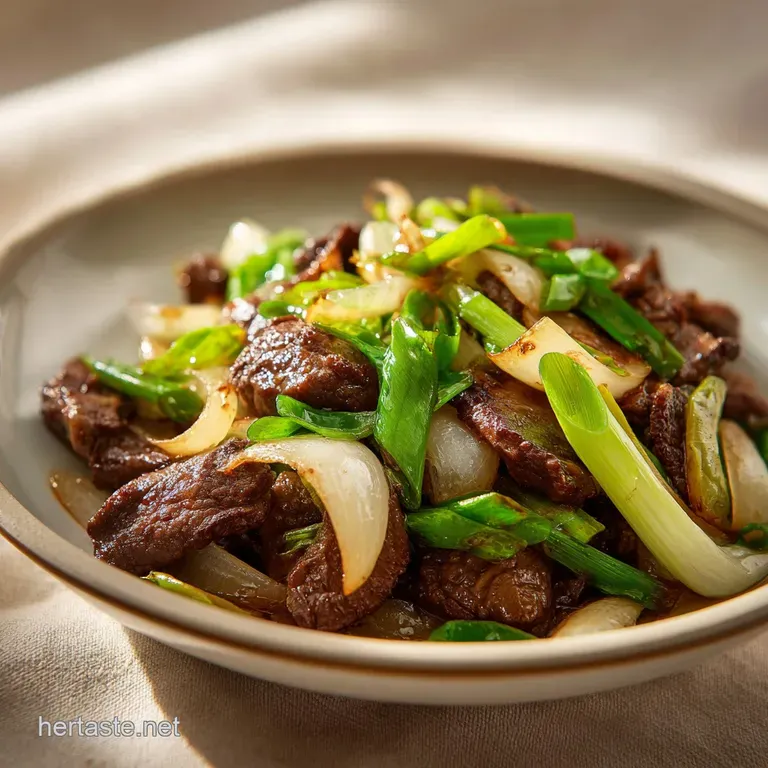 Close-up of beef and onion stir-fry served in a white bowl, steam rising, vibrant green scallions sprinkled on top. Looks ...