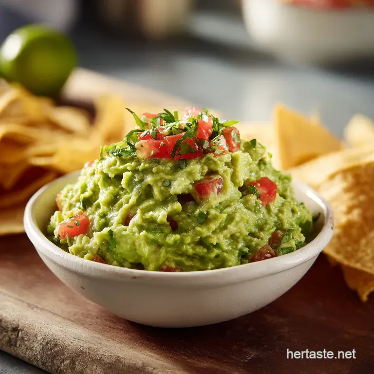 Creamy guacamole artfully dolloped on a rustic wooden board, garnished with lime wedges and a sprinkle of chili flakes.