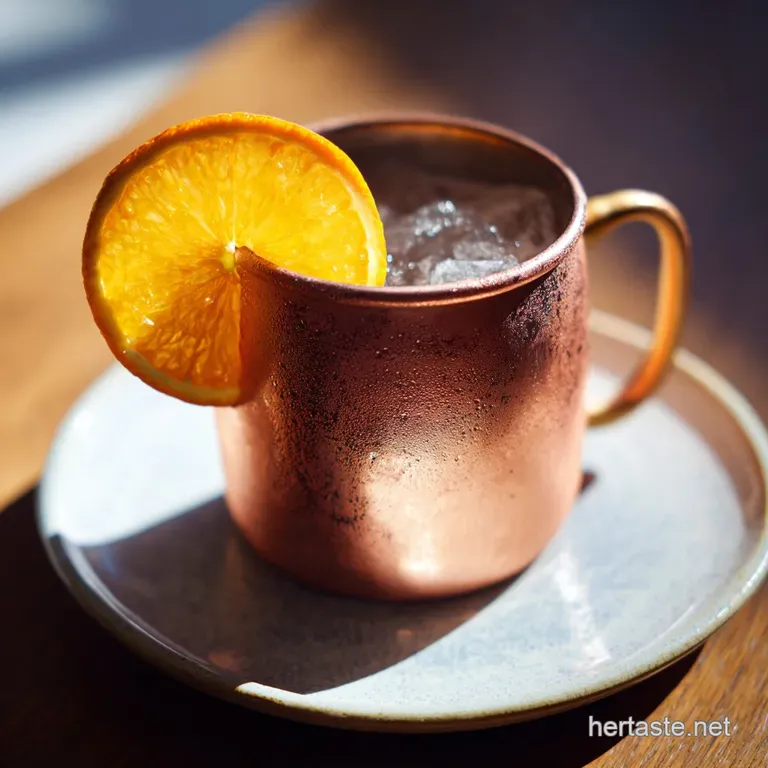 Icy Moscow Mule in a gleaming copper mug, garnished with vibrant lime, atop a rustic wooden surface with ice.