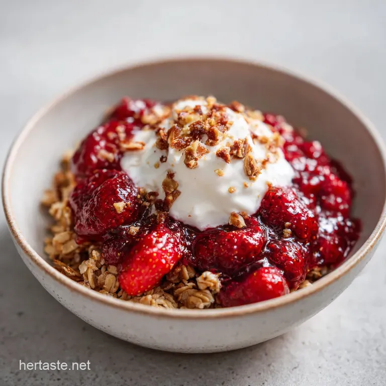 Elegant bowl of toasted oatmeal topped with glistening strawberry chia jam and artfully arranged fresh strawberry slices.