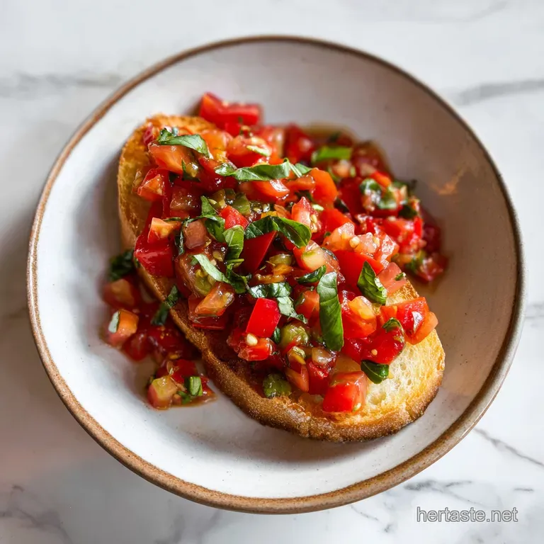 Elegant arrangement of bruschetta on a white plate, highlighting the juicy tomatoes, green basil, and crispy bread, ready ...