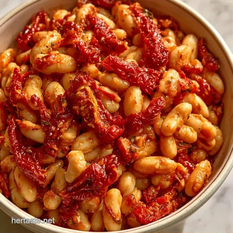 A shallow white bowl filled with simmered white beans and rich tomato sauce, garnished with a sprig of fresh basil.