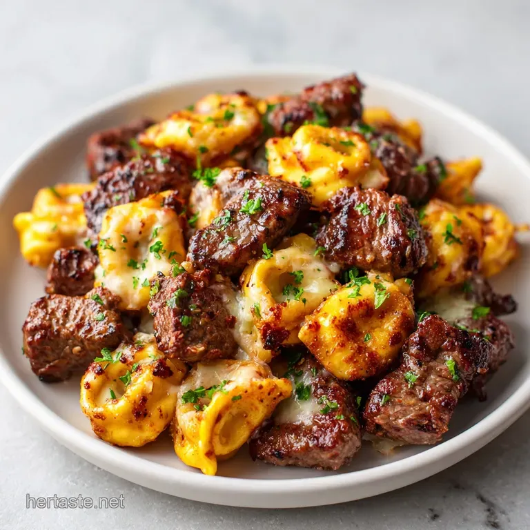 Perfectly plated steak and cheese tortellini skewers drizzled with balsamic glaze, garnished with basil on a white plate.