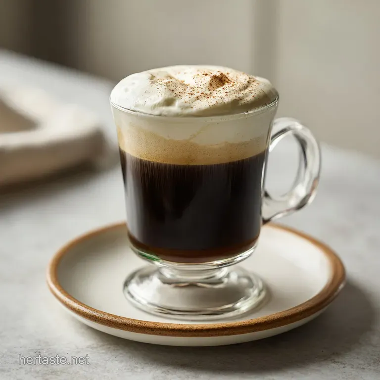 Elegant Irish coffee: frothy white cream floats atop dark coffee in a stemmed glass, inviting warmth and comfort on a cold...