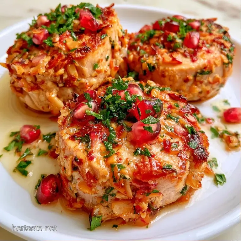 Seared pink tuna fillets artfully arranged on white ceramic with bright red pomegranate seeds and a fresh lemon wedge.