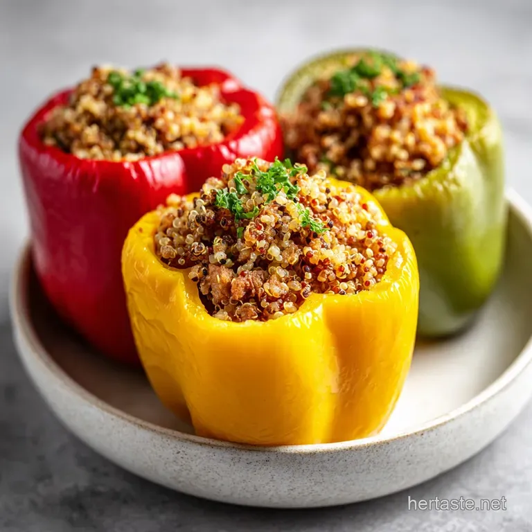 Stuffed pepper half, showcasing vibrant red, fluffy quinoa, and browned turkey, atop a white plate, hinting at a wholesome...