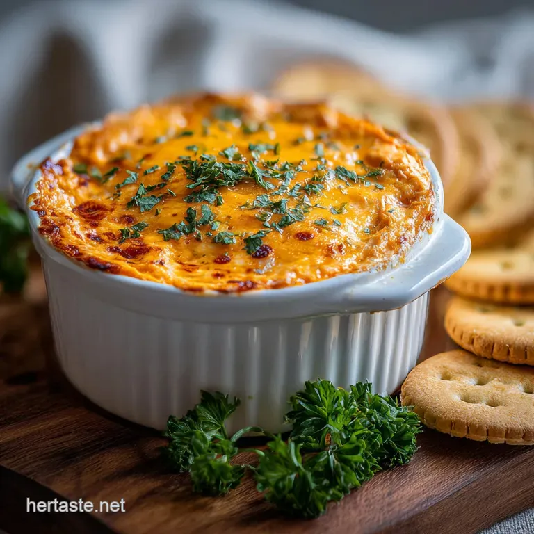 Creamy buffalo chicken dip served in a rustic ceramic dish, adorned with fresh herbs. A spoon hints at the cheesy, spicy d...