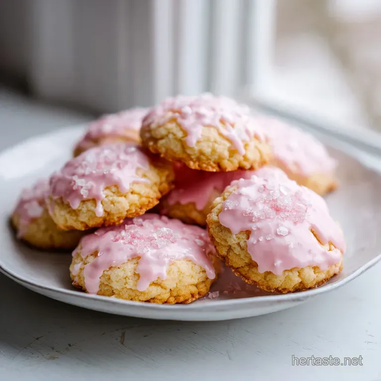 Delicate pink sugar cookies topped with smooth almond frosting, artfully arranged on a white plate.