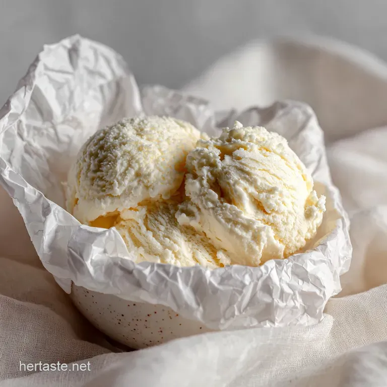 Scoop of homemade vanilla ice cream in a sundae glass with a drizzle of chocolate sauce and sprinkles. Looks cool and refr...