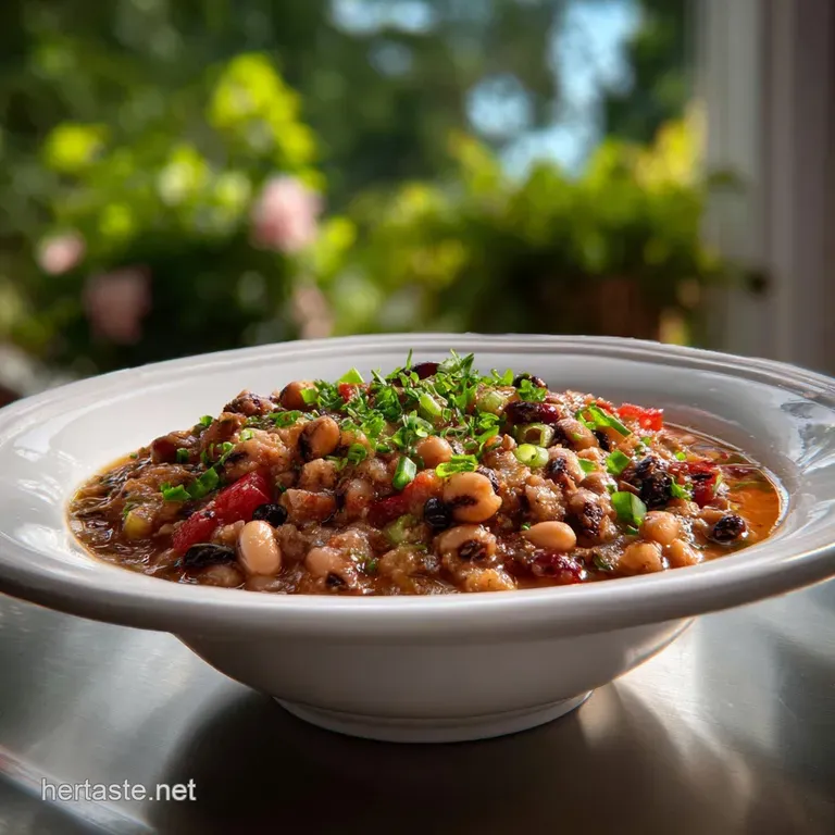 Elegant plated Hoppin' John, garnished with parsley. The stew's rich broth and perfectly cooked rice offer a satisfying, i...