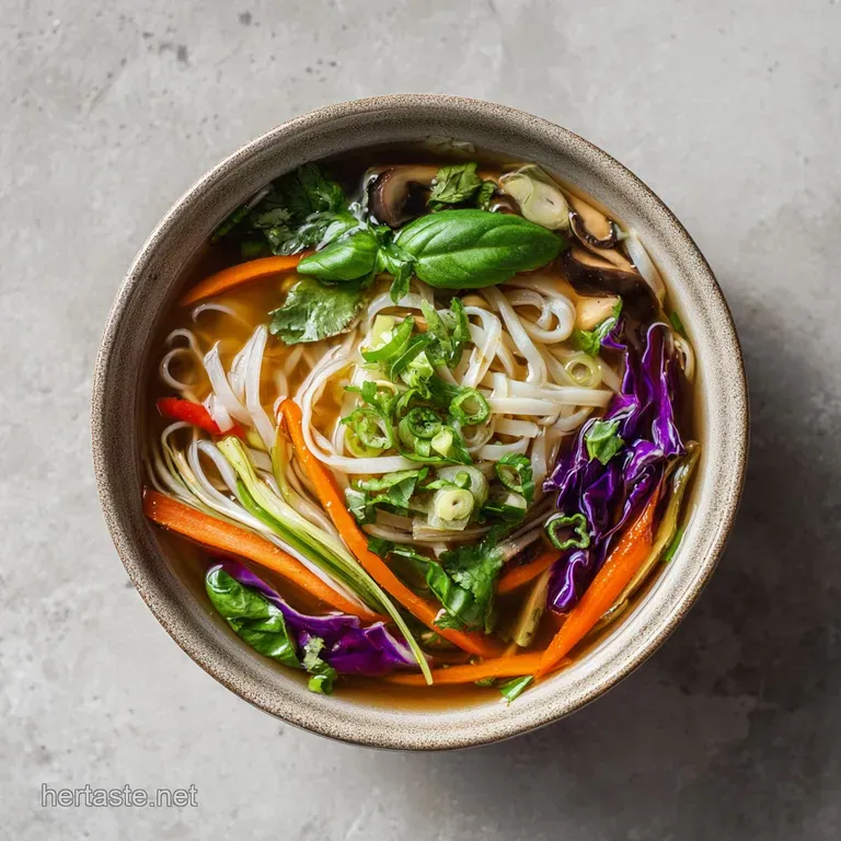 Steaming bowl of vegetarian pho with colorful toppings; vibrant green scallions and cilantro offer a fresh, fragrant contr...