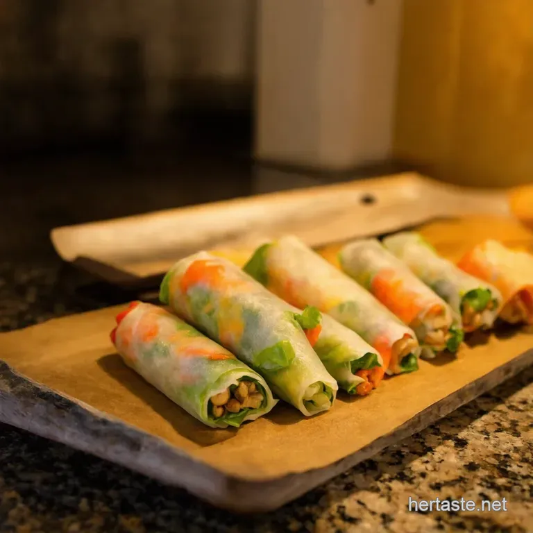 Vibrant Veggie Spring Rolls with PeanutLime Dipping Sauce presentation