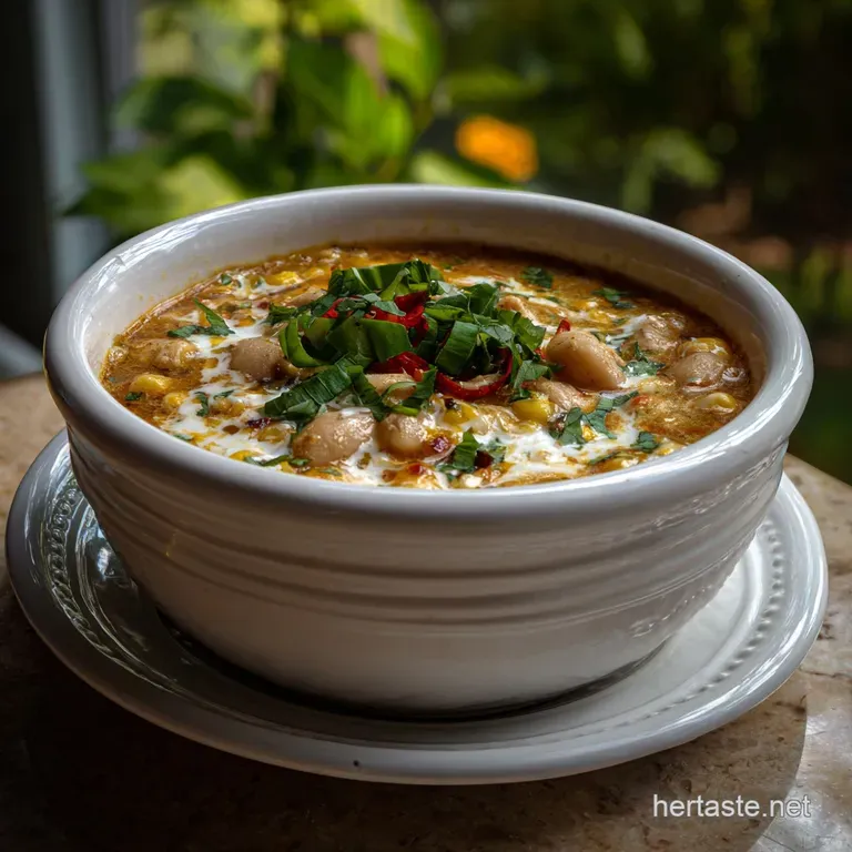 A steaming bowl of white chicken chili, garnished with fresh cilantro, a lime wedge, and a dollop of cool sour cream.