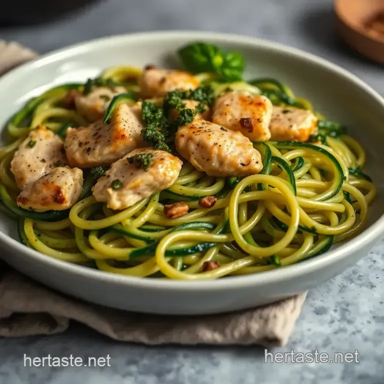 Zesty Zucchini Noodles with Basil Pesto and Grilled Chicken presentation