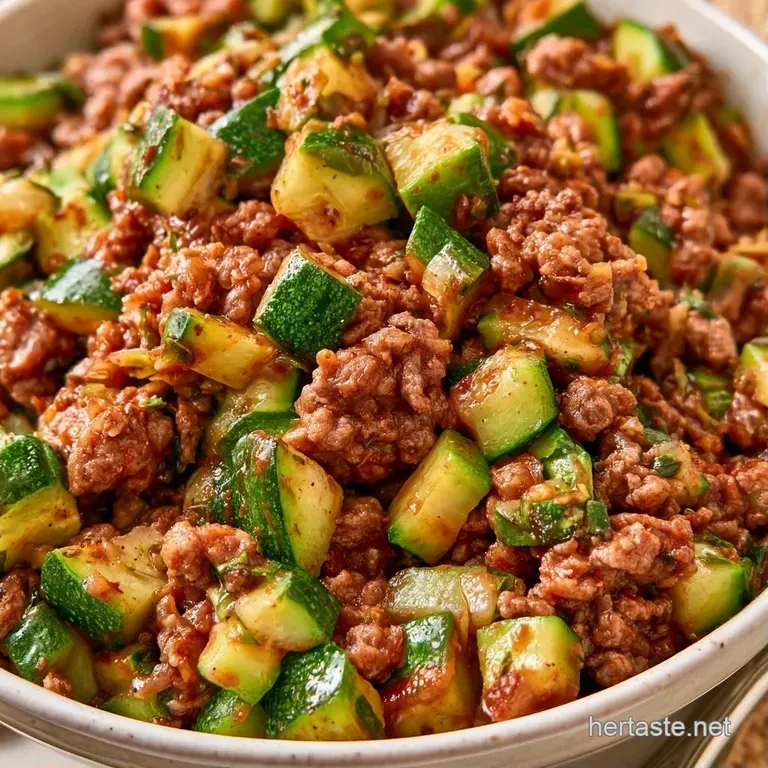 Savory browned beef and tender zucchini slices neatly piled on a white plate, topped with a sprig of bright parsley.